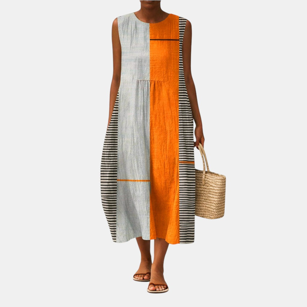 Robe midi femme sans manches color block à rayures