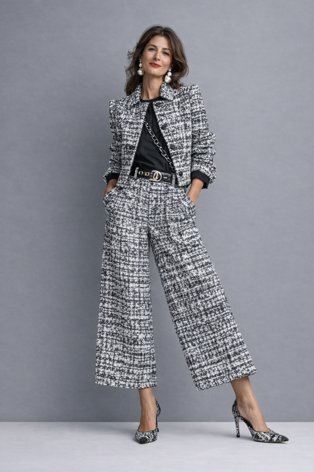 Ensemble femme en tweed avec veste courte et pantalon large