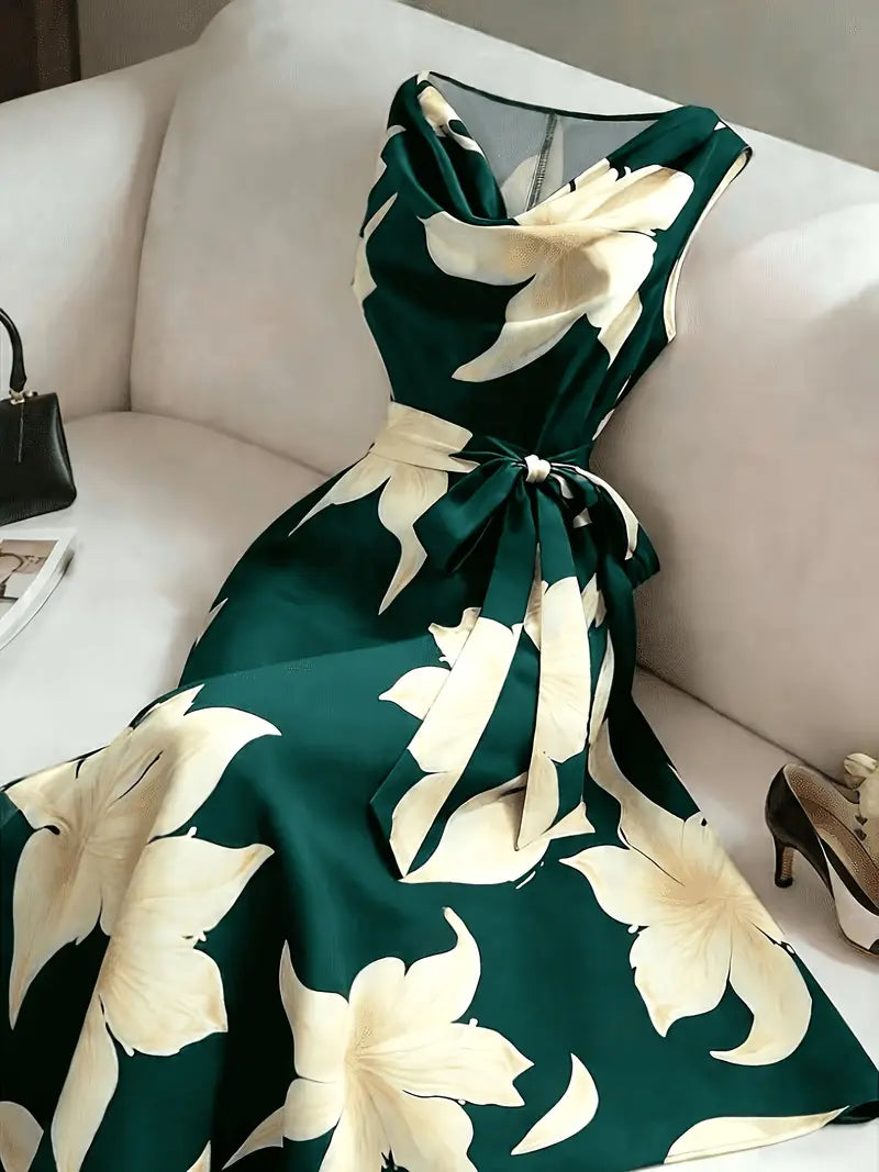 Robe midi femme sans manches à imprimé floral et taille nouée