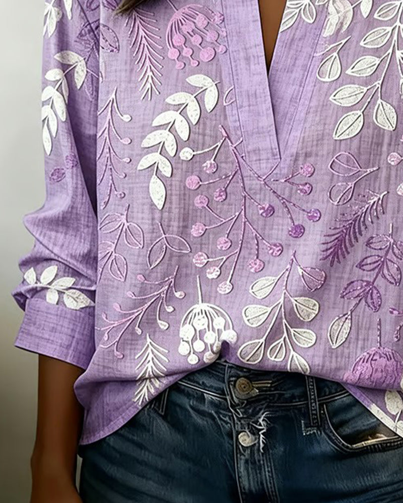 Blouse Femme Florale Coton Col V Coupe Élégante Été