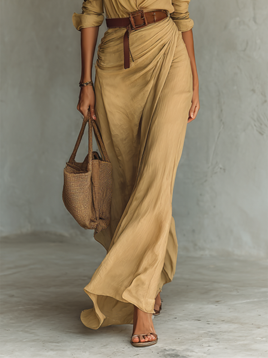 Robe maxi femme chemise avec ceinture ajustable