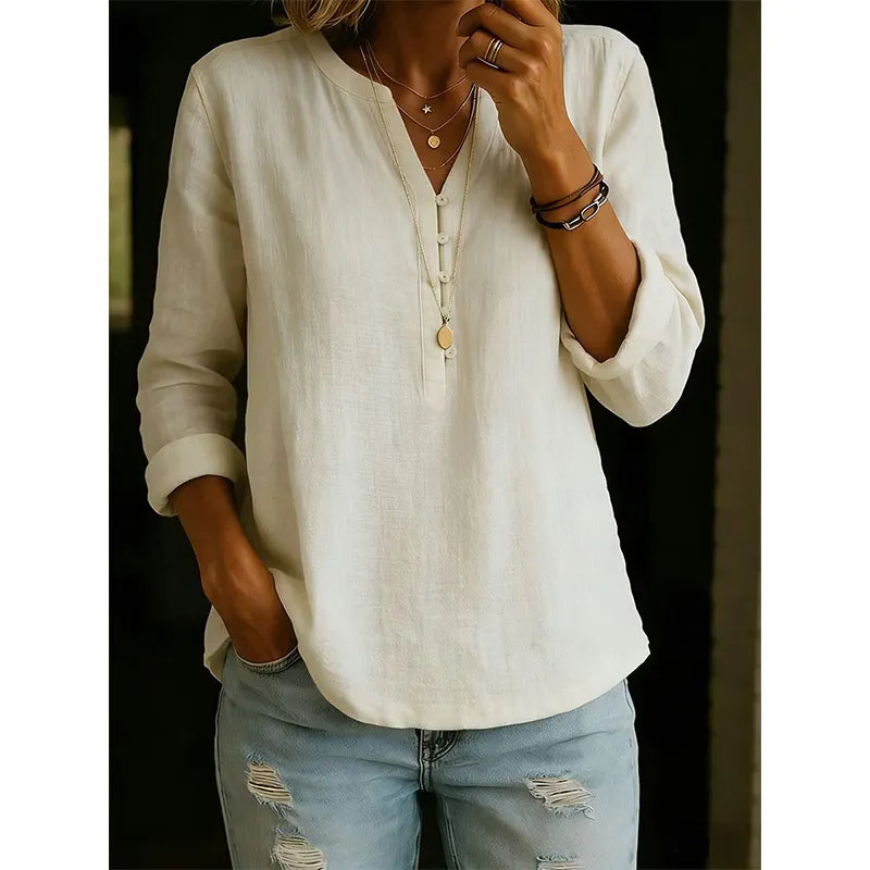 Chemise femme ample à col V avec boutons et manches retroussables