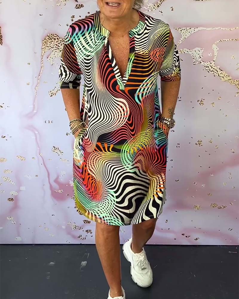 Robe Femme Col V Zippé Imprimé Ondes Abstraites Multicolores Poches
