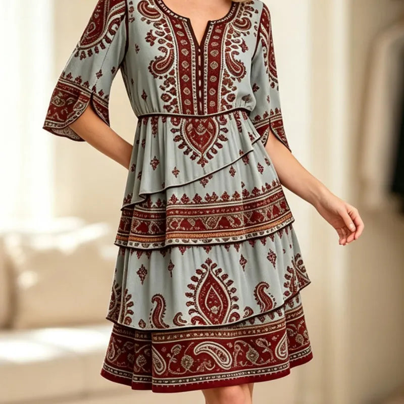 Robe bohème femme à volants et imprimé ethnique