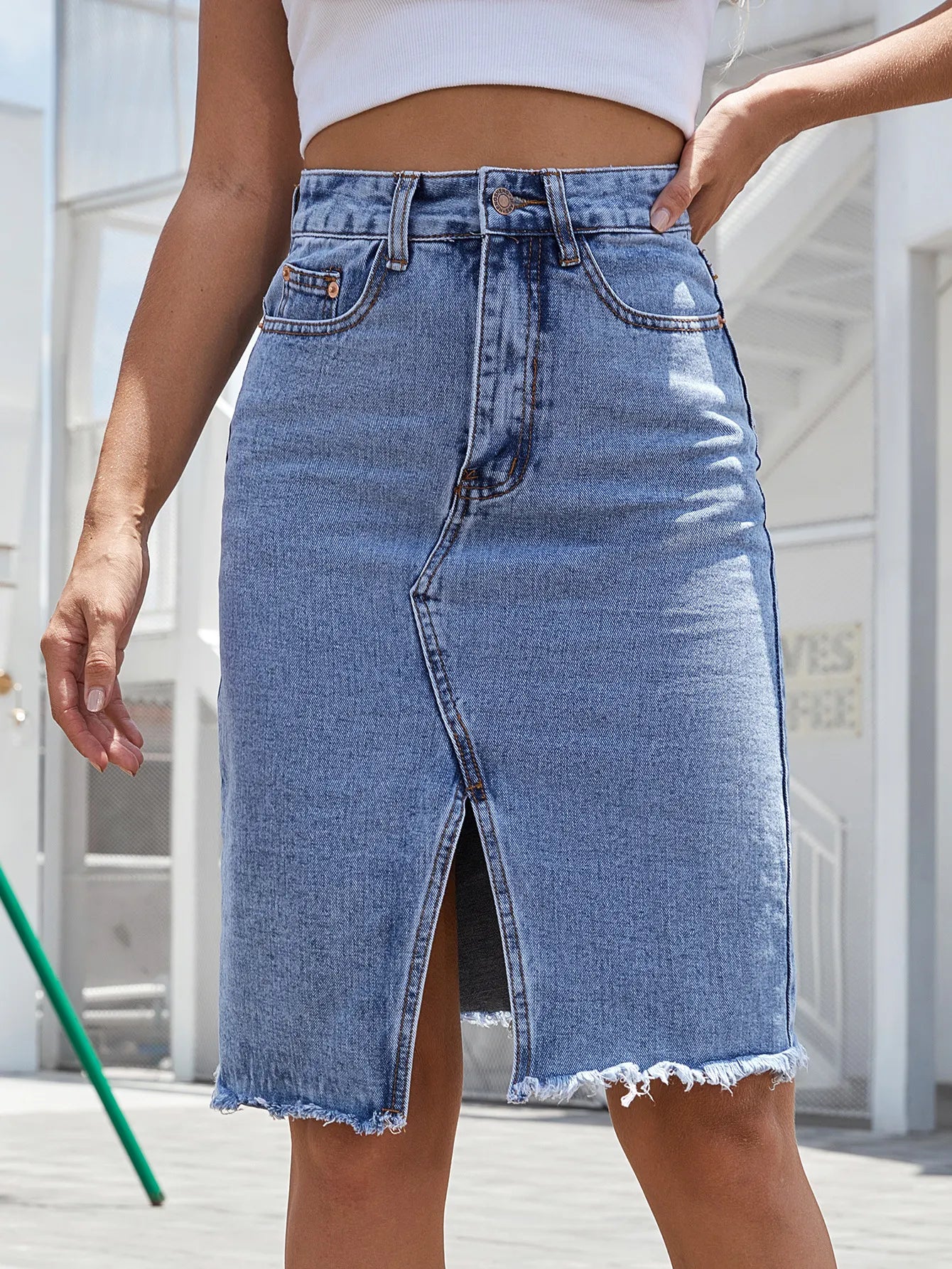 Jupe denim femme taille haute avec fente devant