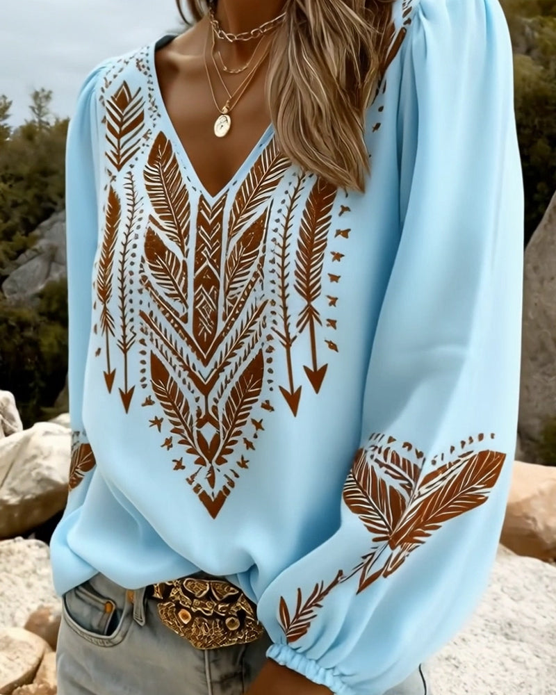 Blouse Bohème Femme à Décolleté en V et Manches Bouffantes