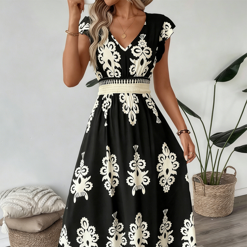 Robe longue femme à imprimé baroque et taille smockée
