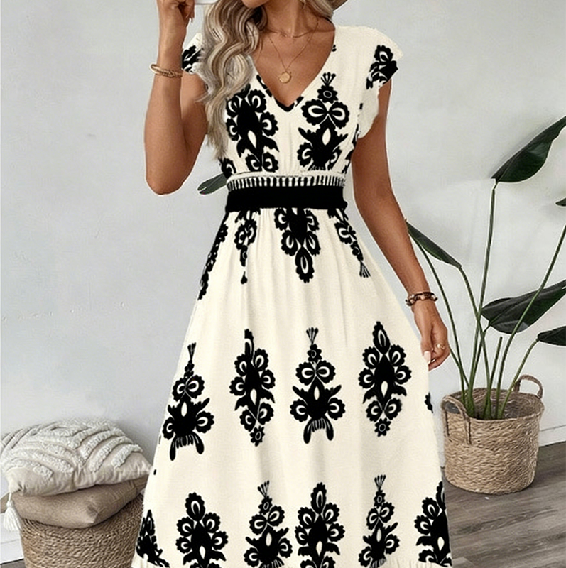 Robe longue femme à imprimé baroque et taille smockée