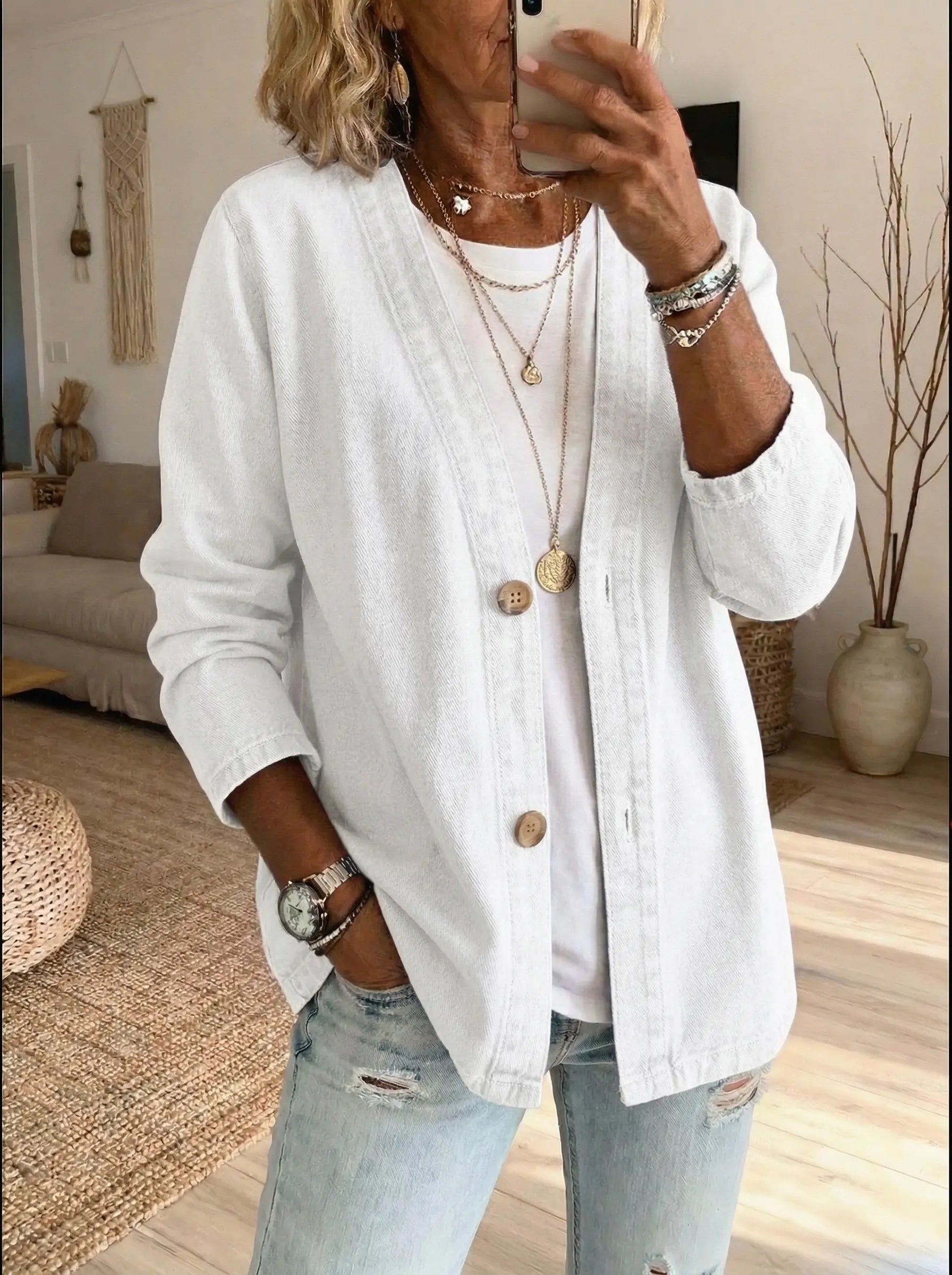 Veste Cardigan Femme Denim Décontracté Boutonné Style Moderne