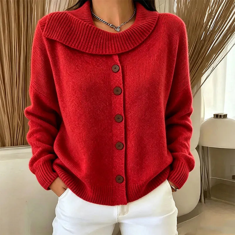 Cardigan femme boutonné en maille à col rabattu
