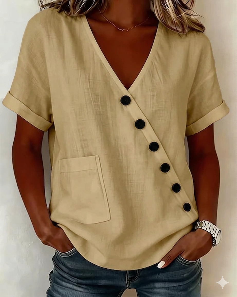 Top en coton pour femme avec décolleté en V et boutons obliques