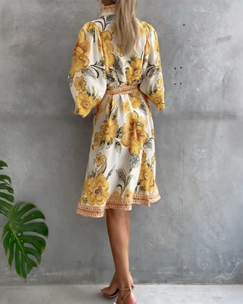 Robe Fleurie Élégante Femme à Manches Lanternes et Boutons