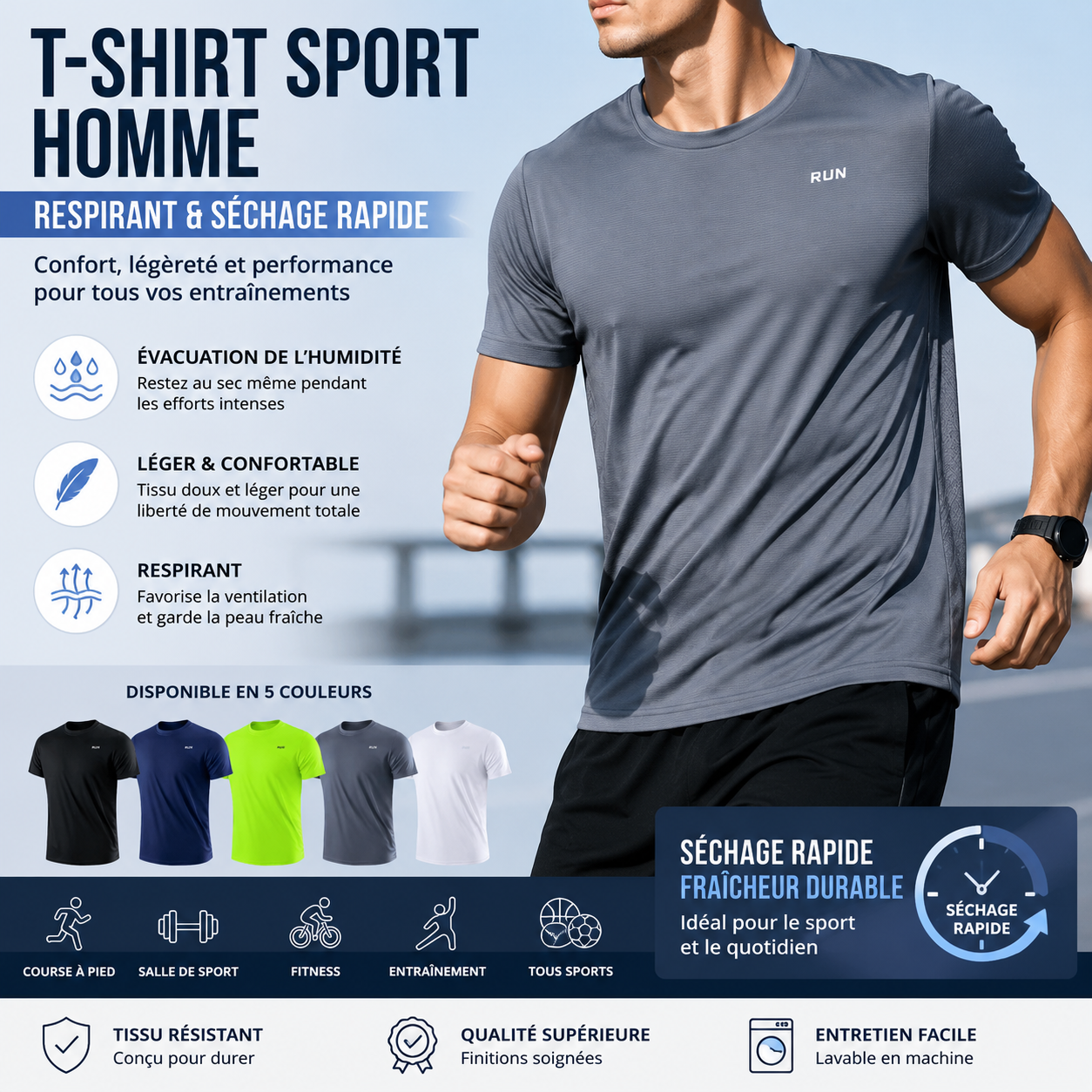 T-shirt à manches courtes pour homme, séchage rapide, évacuation de l'humidité, col rond, exercice d'entraînement, chemise de sport, gym, course à pied, léger en Y