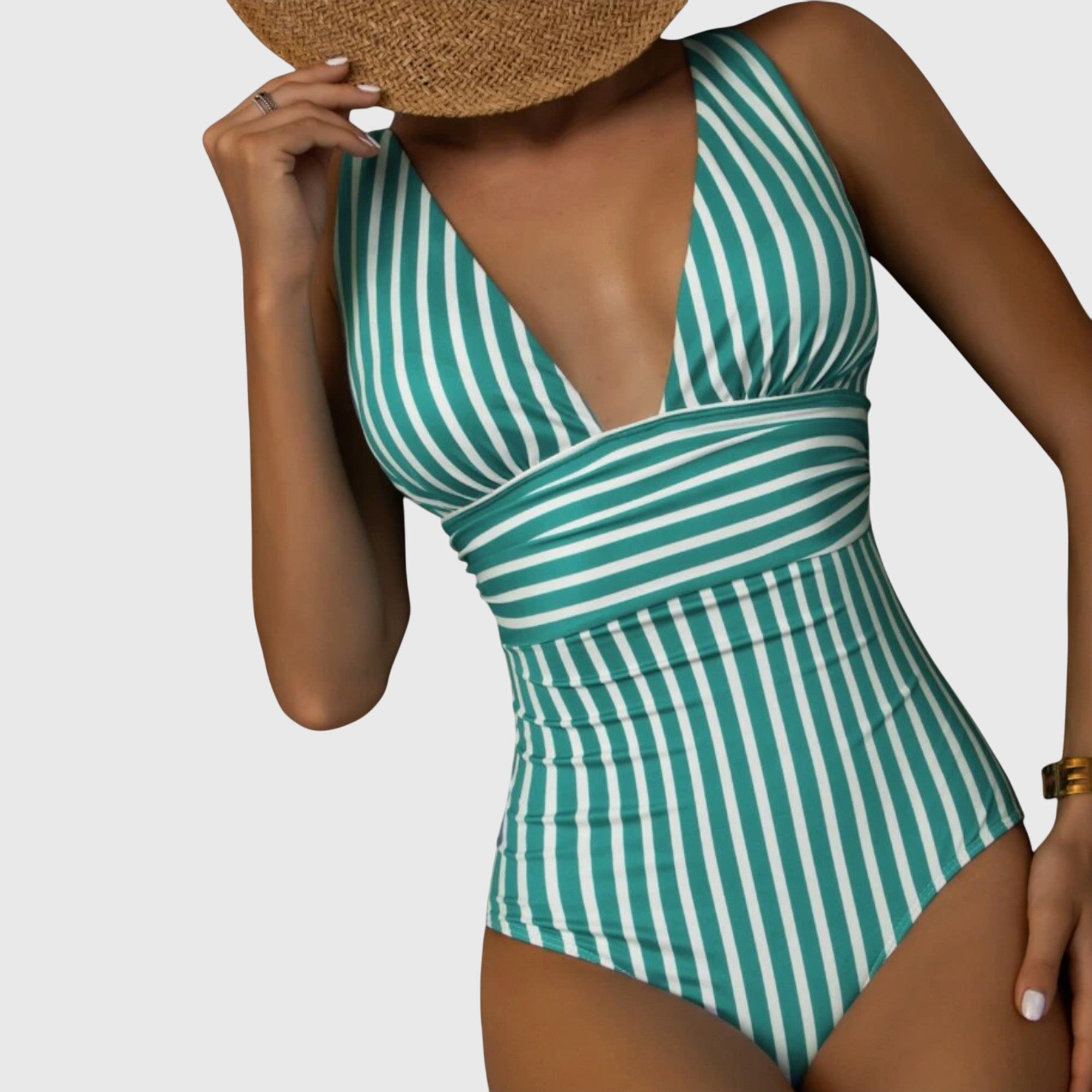 Maillot de bain une pièce femme col V plongeant rayures ceinture croisée gainant