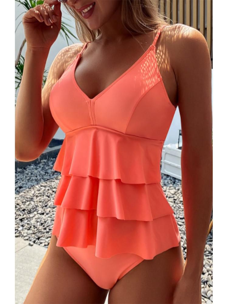 Maillot de bain femme à volants superposés avec col V et bretelles fines