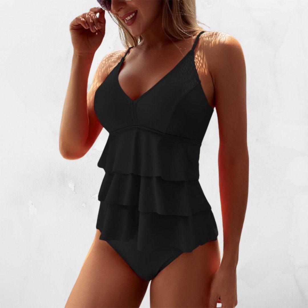 Maillot de bain femme à volants superposés avec col V et bretelles fines