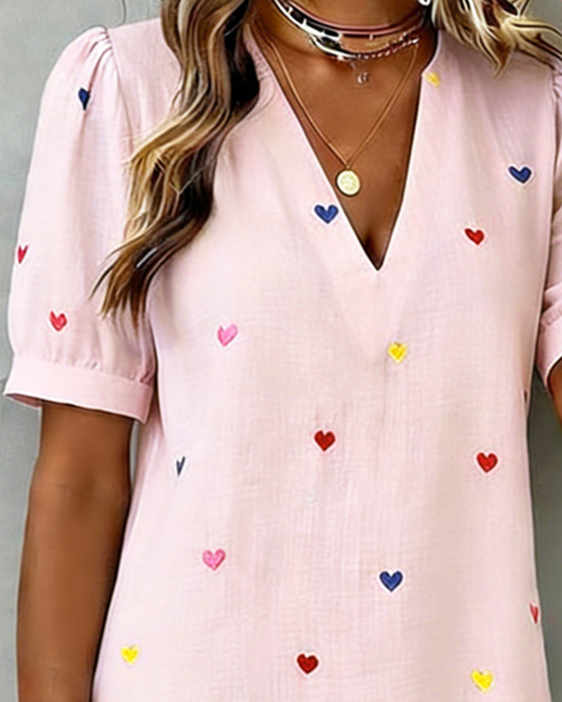 Robe Courte Femme Col V Imprimé Cœurs Coton Lin Manches Bouffantes