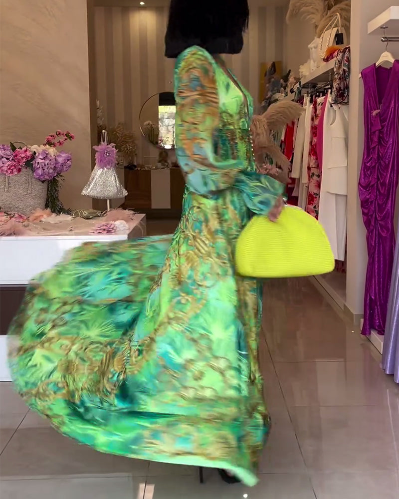 Robe femme longue imprimée fluide taille empire col V élégante bohème