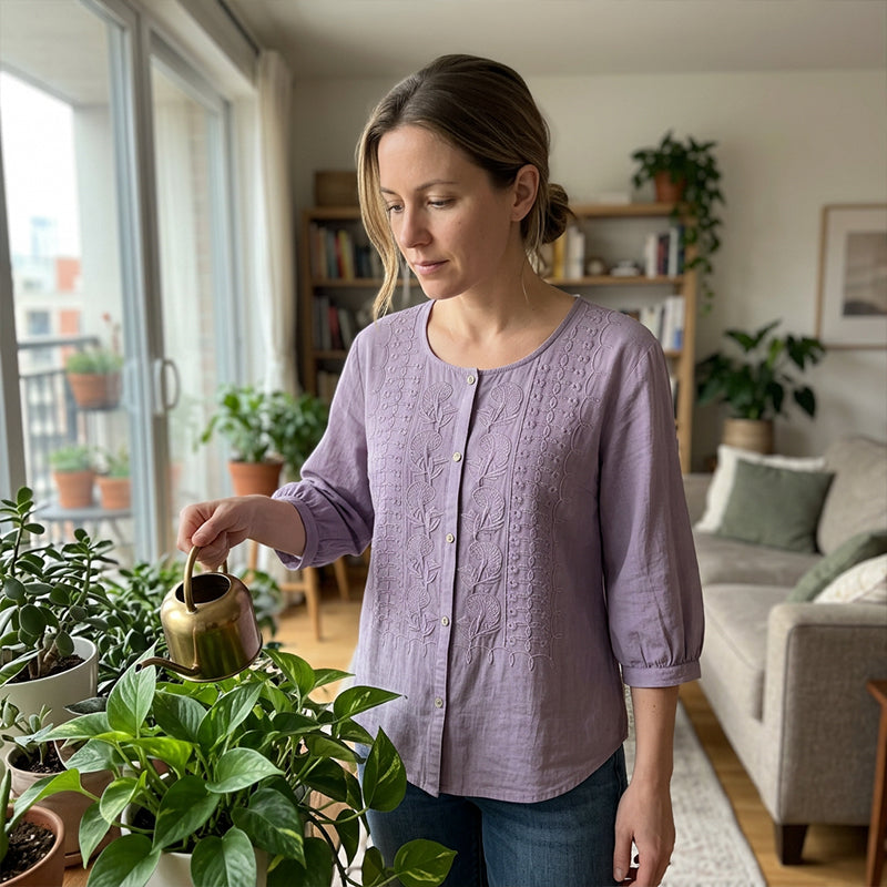 Blouse femme en coton et lin brodée à manches 3/4