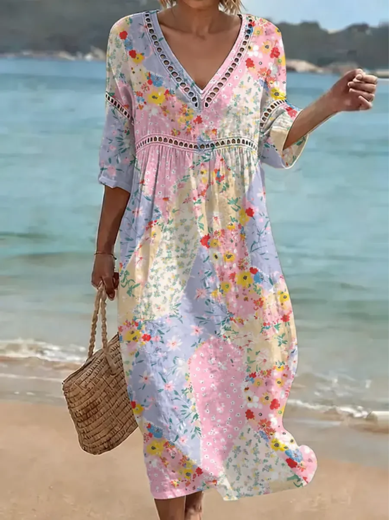 Robe Femme Longue Patchwork Floral Fluide Col V Été Plage