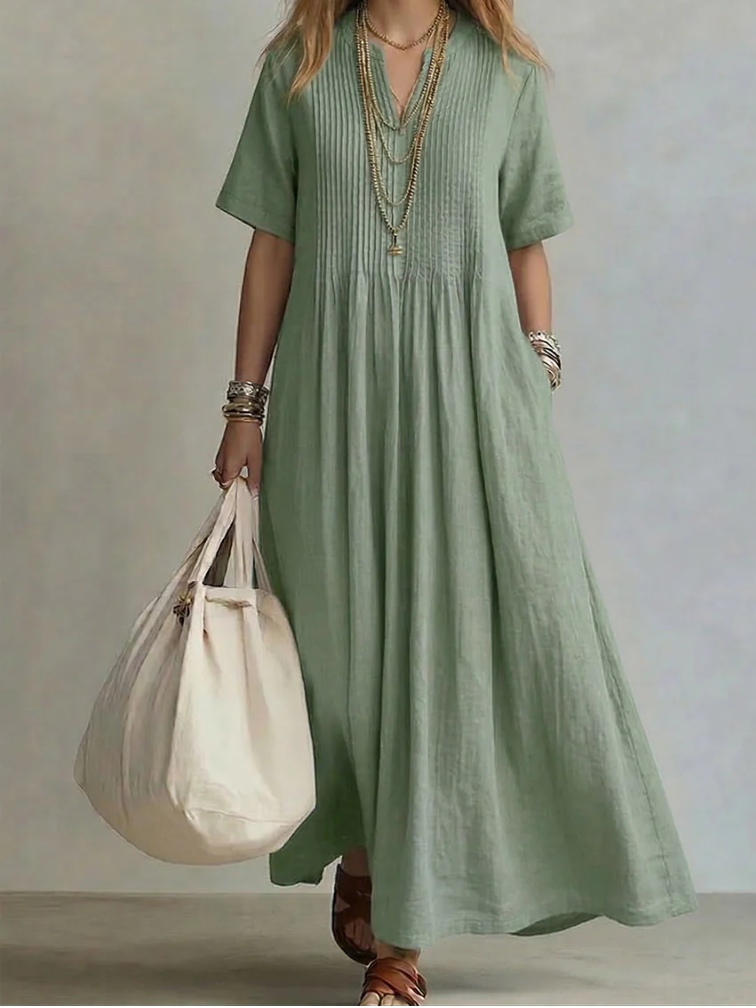 Robe Maxi Fluide en Coton et Lin avec Plis Élégants