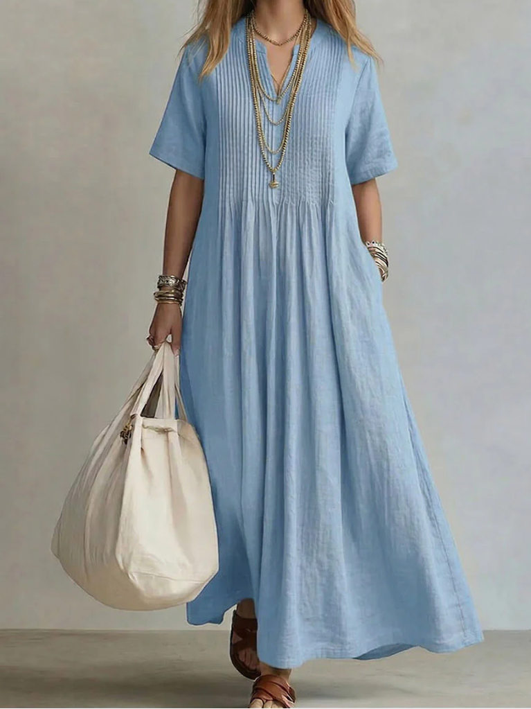 Robe Maxi Fluide en Coton et Lin avec Plis Élégants