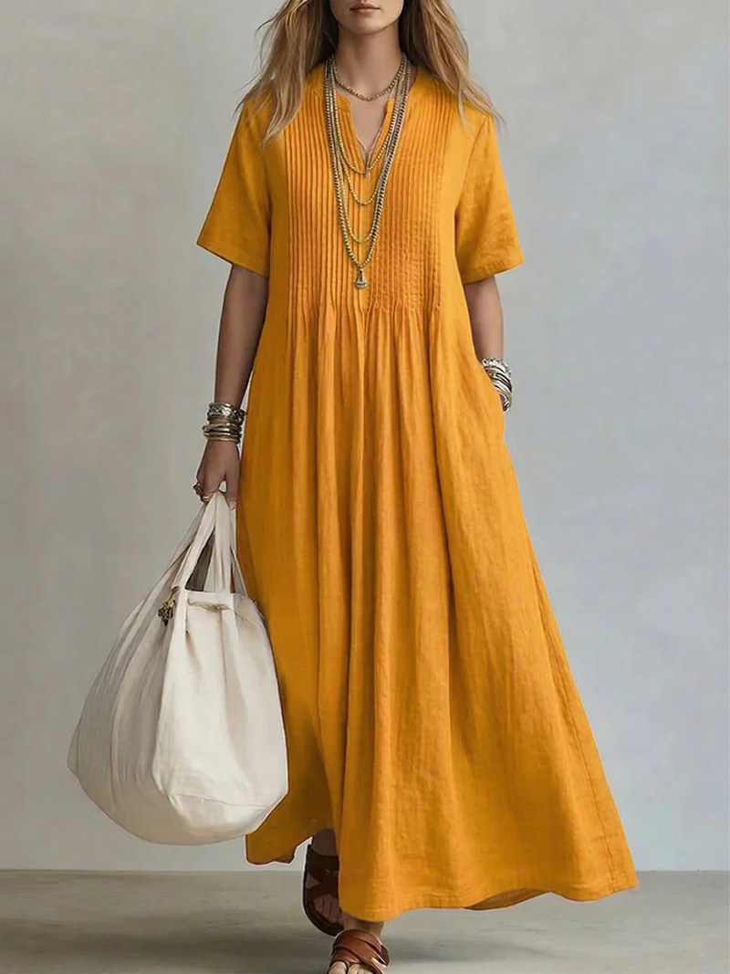 Robe Femme Maxi Fluide Col V Manches Courtes Coupe Élégante et Légère