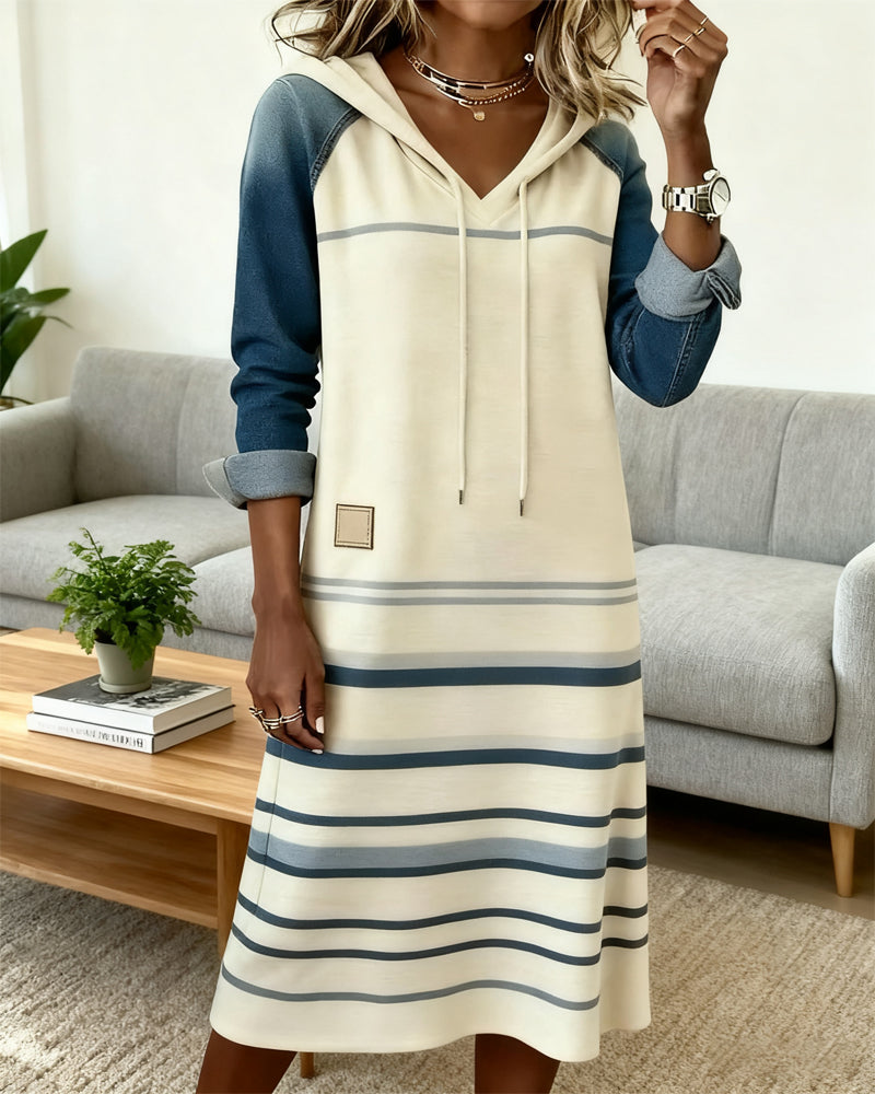 Ceralyn - Robe Décontractée À Capuche Et Motif Rayé Patchwork