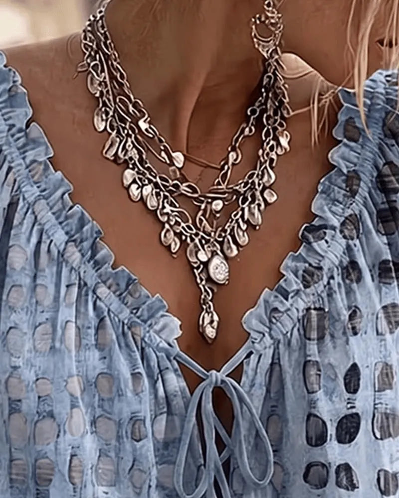 Blouse femme bohème  à pois avec col V noué