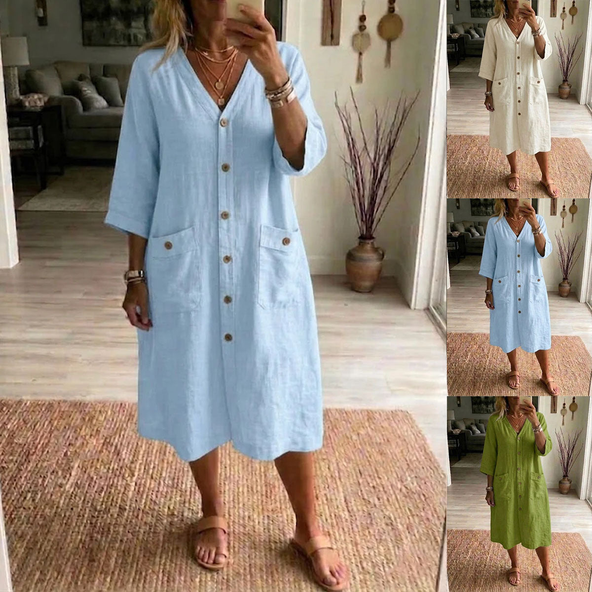 Robe Femme Midi Coton Lin Col V Boutonnée Coupe Ample Décontractée