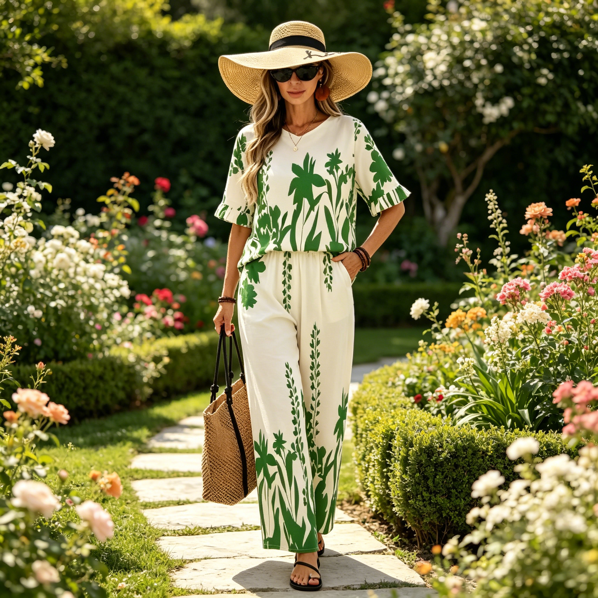 Ensemble femme à imprimé tropical avec pantalon large assorti