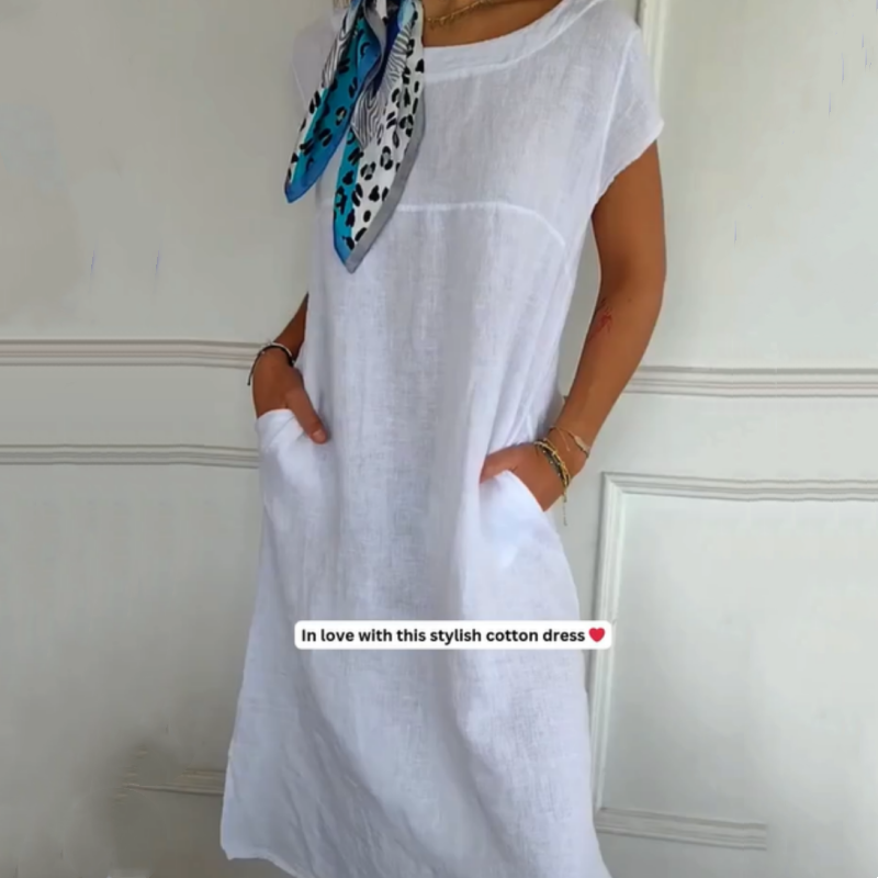 Robe Longue Femme Lin Coton Coupe Ample Col Rond Confort Été