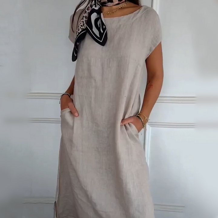 Robe Longue Femme Lin Coton Coupe Ample Col Rond Confort Été