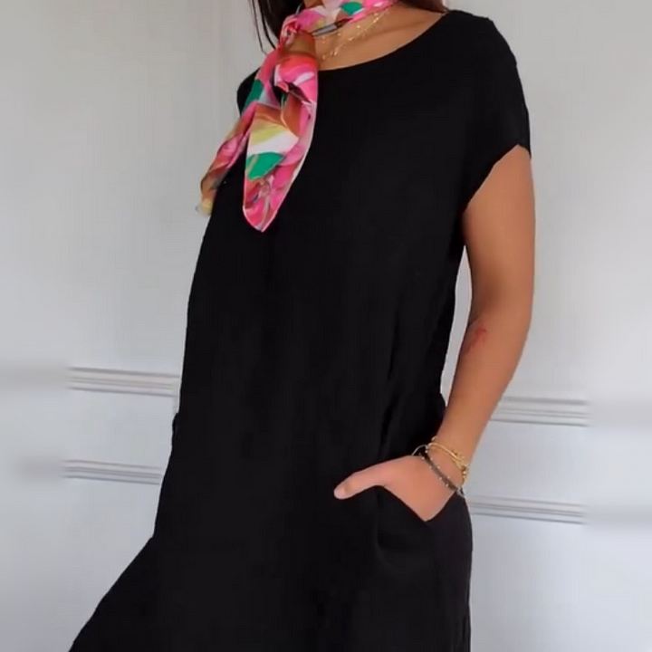 Robe Longue Femme Lin Coton Coupe Ample Col Rond Confort Été