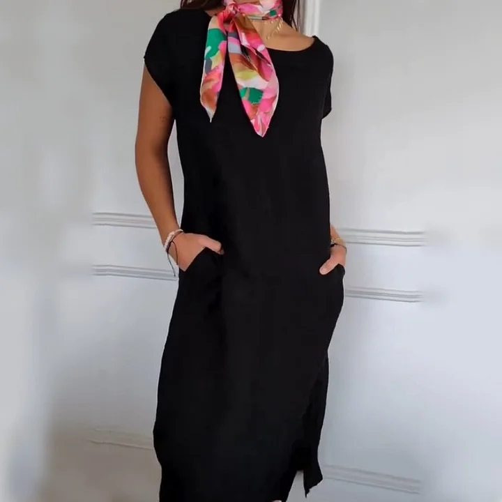 Robe Longue Femme Lin Coton Coupe Ample Col Rond Confort Été