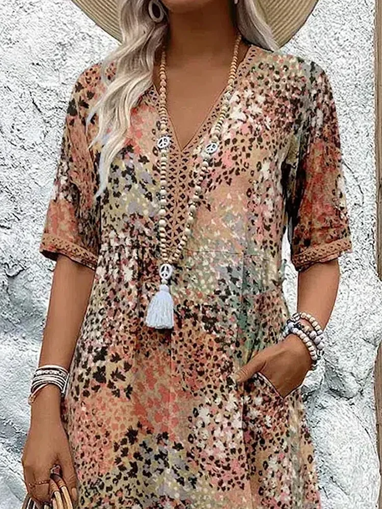Robe femme midi fluide imprimée col V manches courtes élégante décontractée