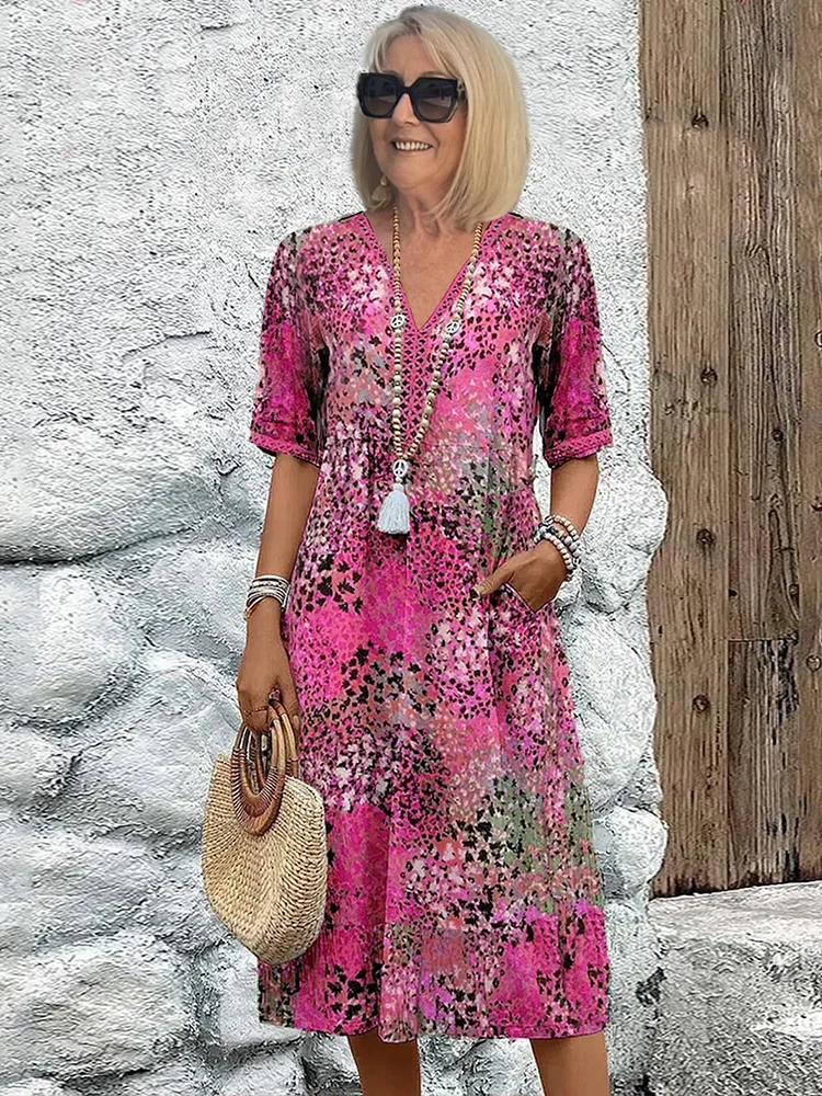Robe femme midi fluide imprimée col V manches courtes élégante décontractée