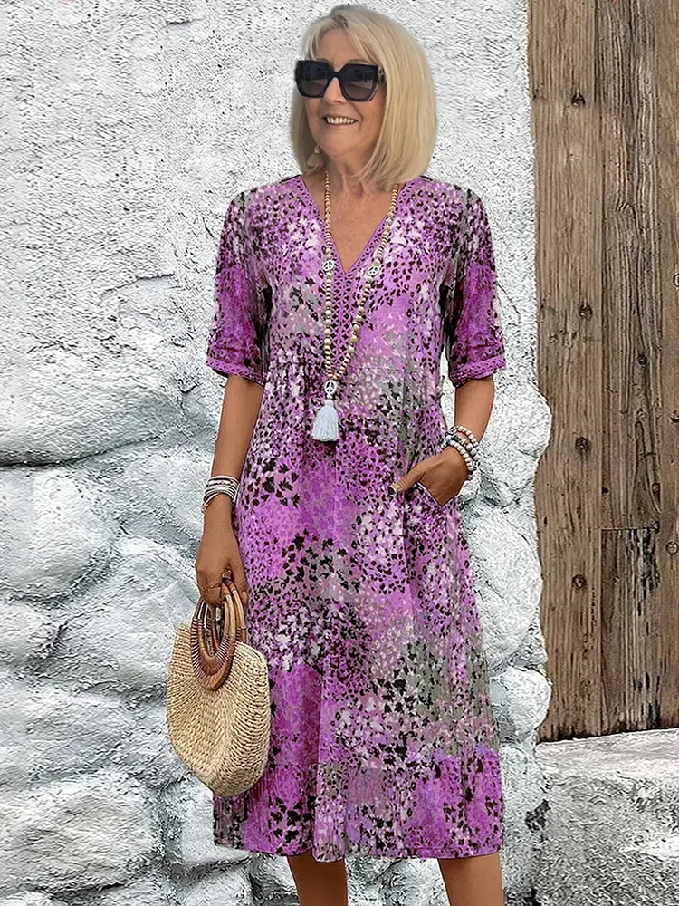 Robe femme midi fluide imprimée col V manches courtes élégante décontractée