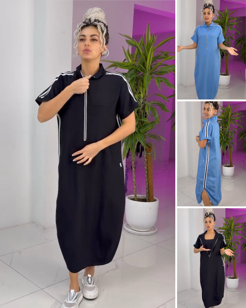 Robe Femme Longue Zippée Col Montant Coupe Fluide Style Sport Chic