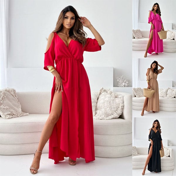 Robe longue femme à épaules dénudées avec fente élégante et col cache-cœur