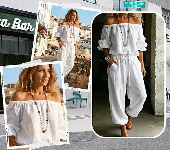 Combinaison ample femme en coton avec épaules dénudées et cordon à la taille