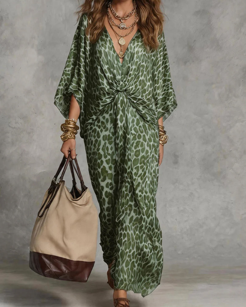 Robe maxi femme imprimé léopard avec devant torsadé