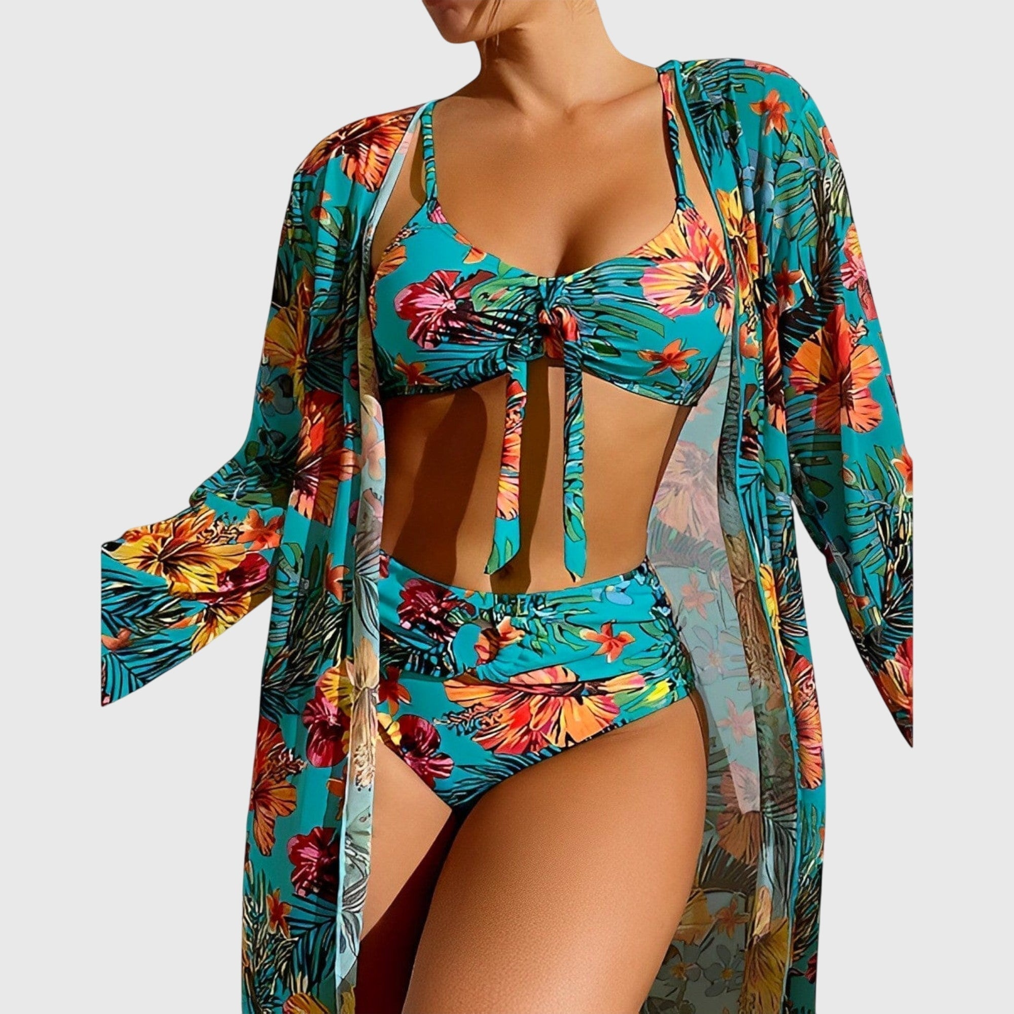 Bikini Trois Pièces Femme Imprimé Tropical Top Noué Kimono Assorti