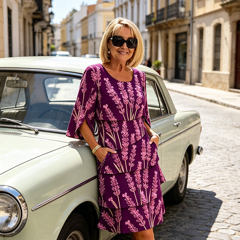 Robe Mi-Longue Femme Imprimé Lavande Volants Superposés Manches Fendues