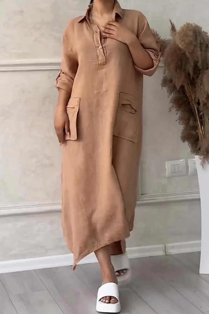 Robe Longue Femme Lin Coton Coupe Ample Col Revers Poches Style Décontracté