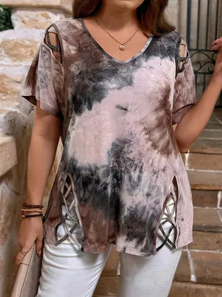 Blouse femme tie-dye avec découpes lacées sur les côtés
