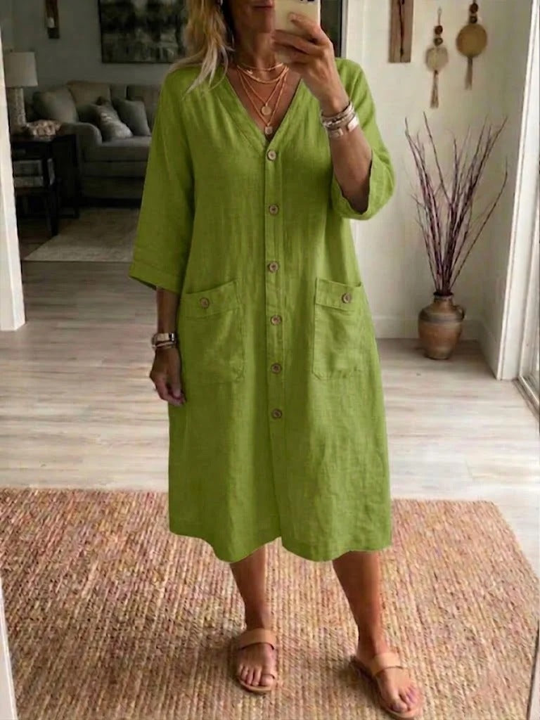 Robe Femme Midi Coton Lin Col V Boutonnée Coupe Ample Décontractée