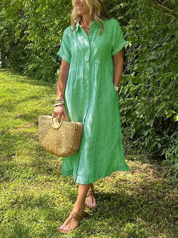 Robe Chemise Rayée Longue Coupe Fluide Avec Boutonnage Confort Quotidien