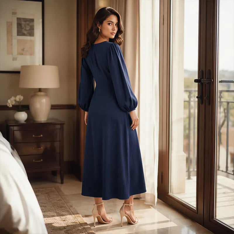 Robe maxi femme à col V et manches bouffantes