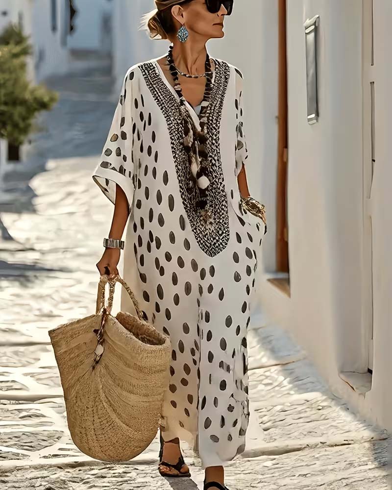 Robe Maxi Kaftan Pois Col V Broderie Ethnique Fluide